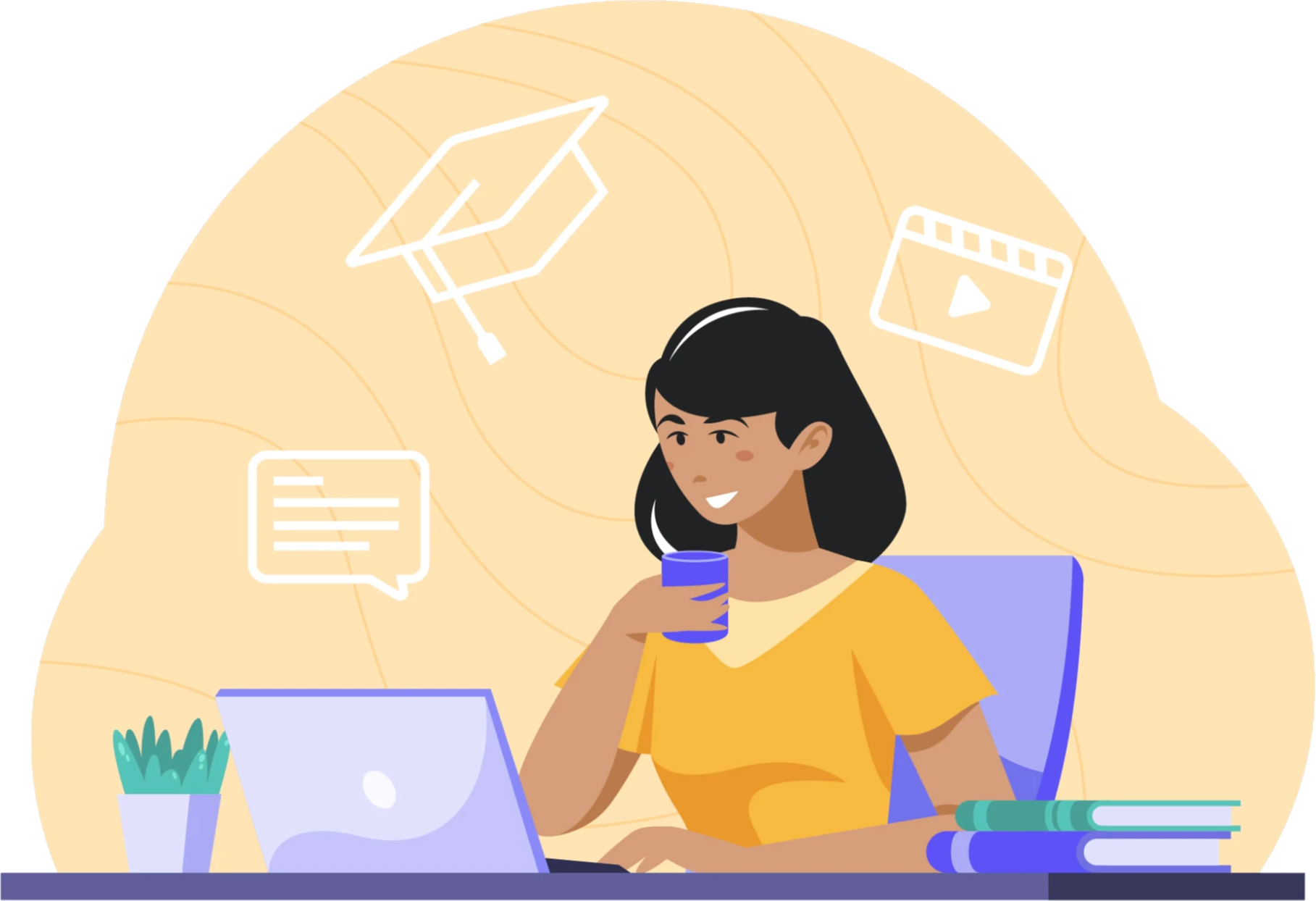 A student in headphones attends a live online class from her laptop, with graduation-cap, video and chat icons around her.